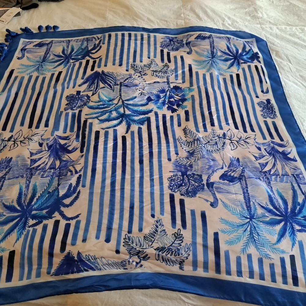 NWT GEMMA LAYNE 100% Silk Scarf Blues Tropical Print